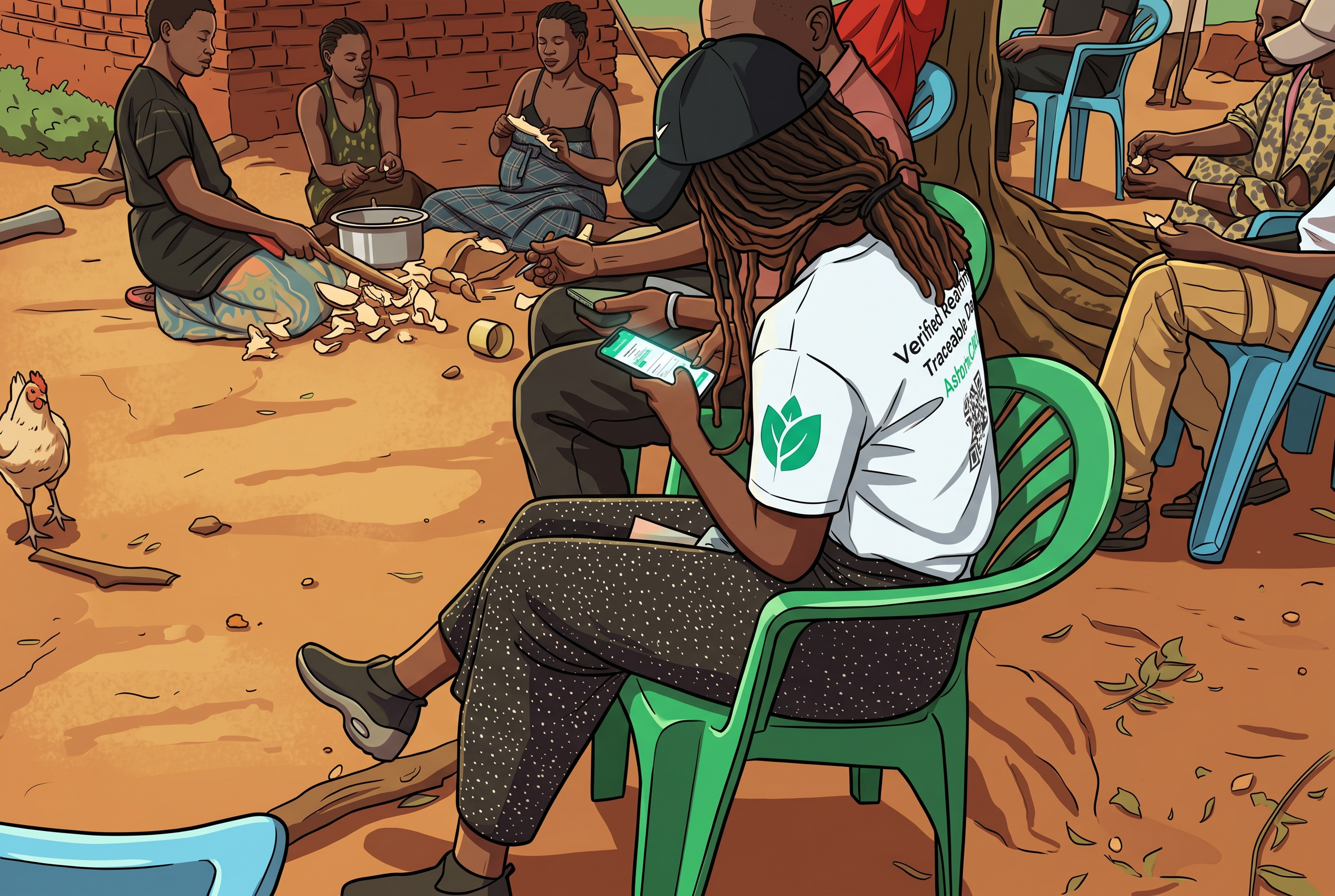 A ShareCARD field agent verifying data on a phone while visiting a farming community