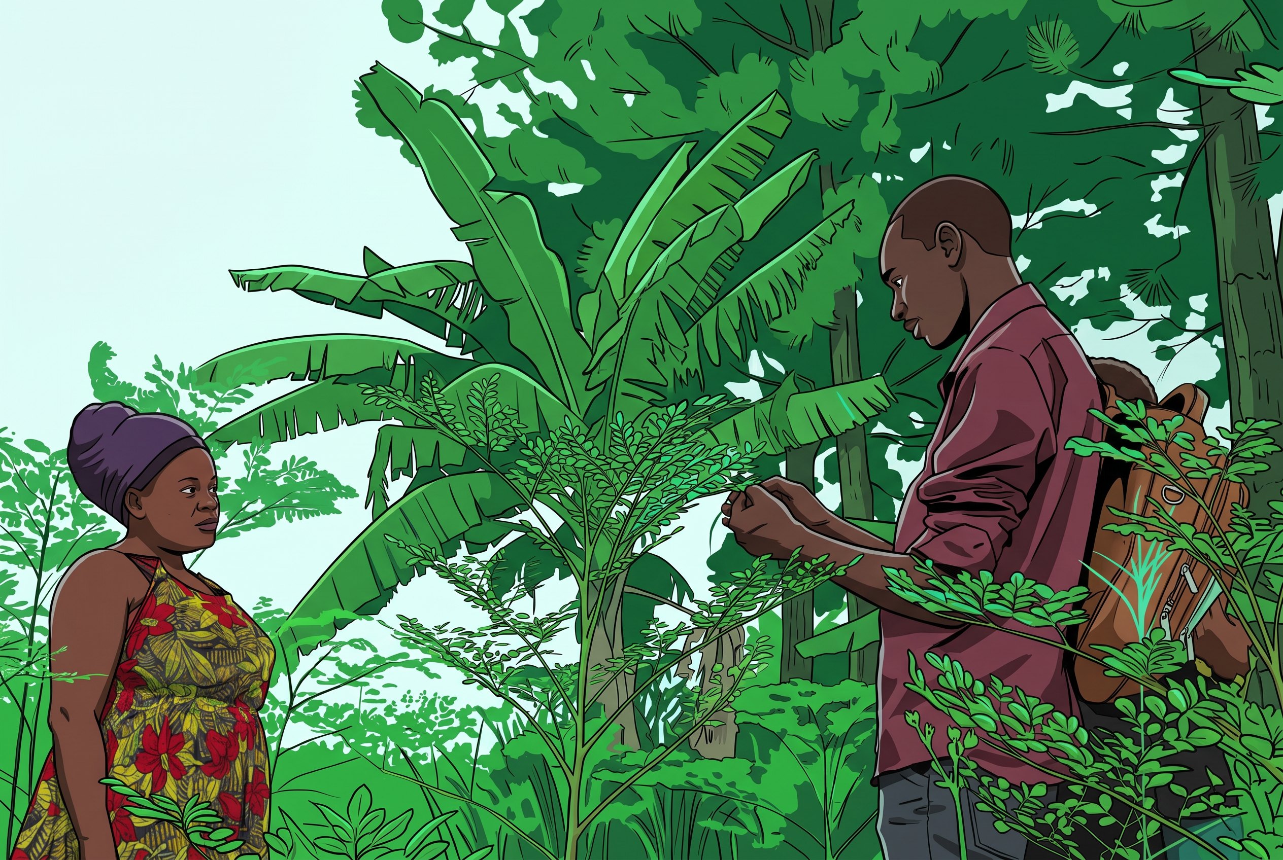 A ShareCARD representative visiting a farmer to review crops in the field