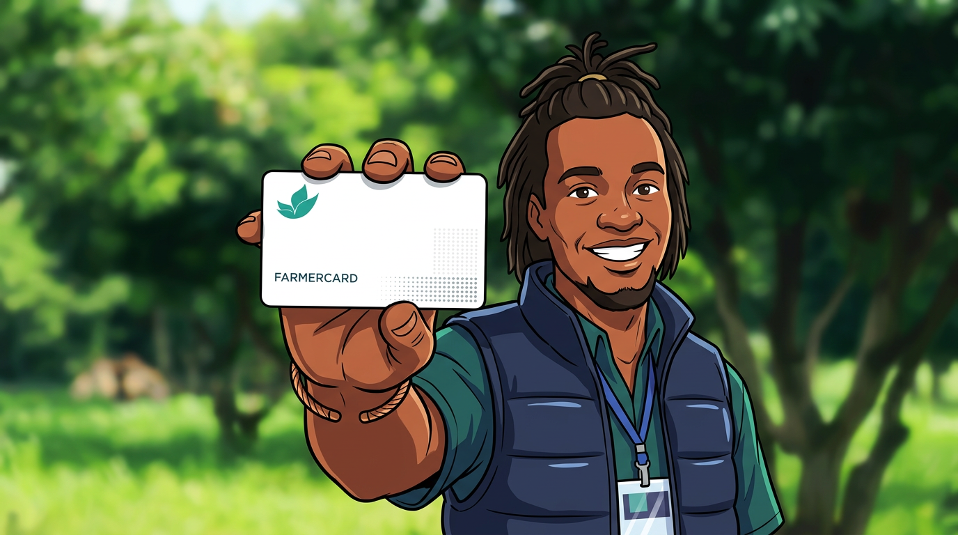A ShareCARD agent holding out a verified FarmerCARD in the field
