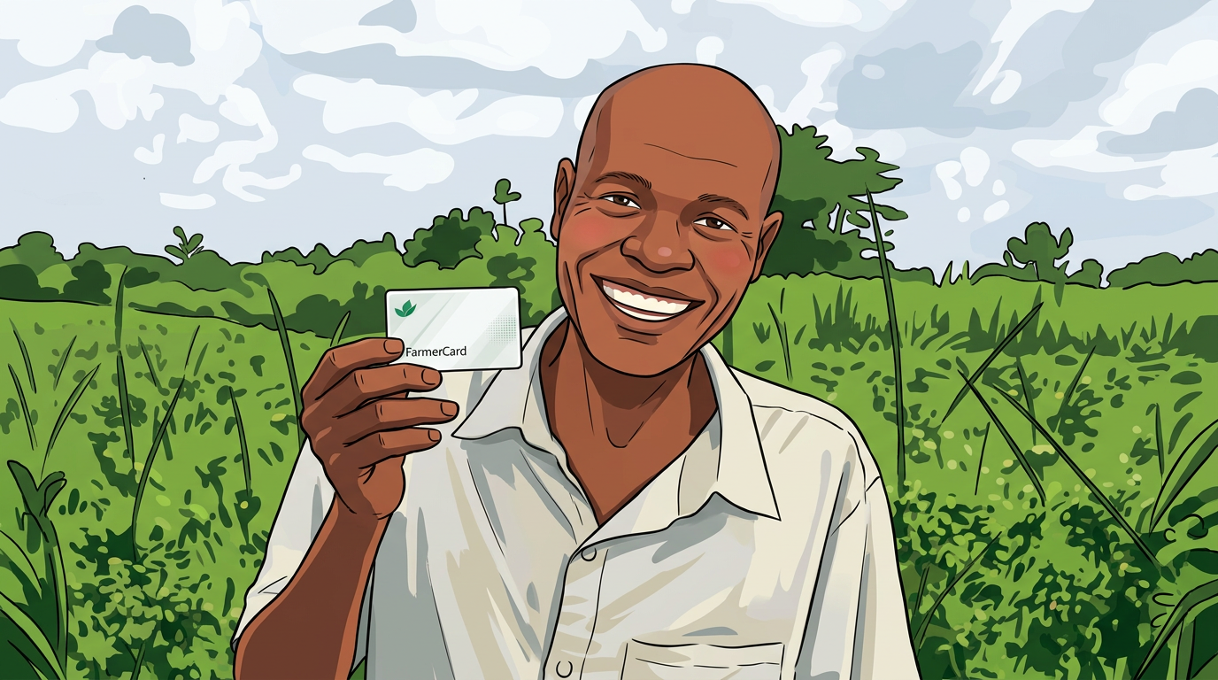 A farmer holding a verified ShareCARD FarmerCARD in the field