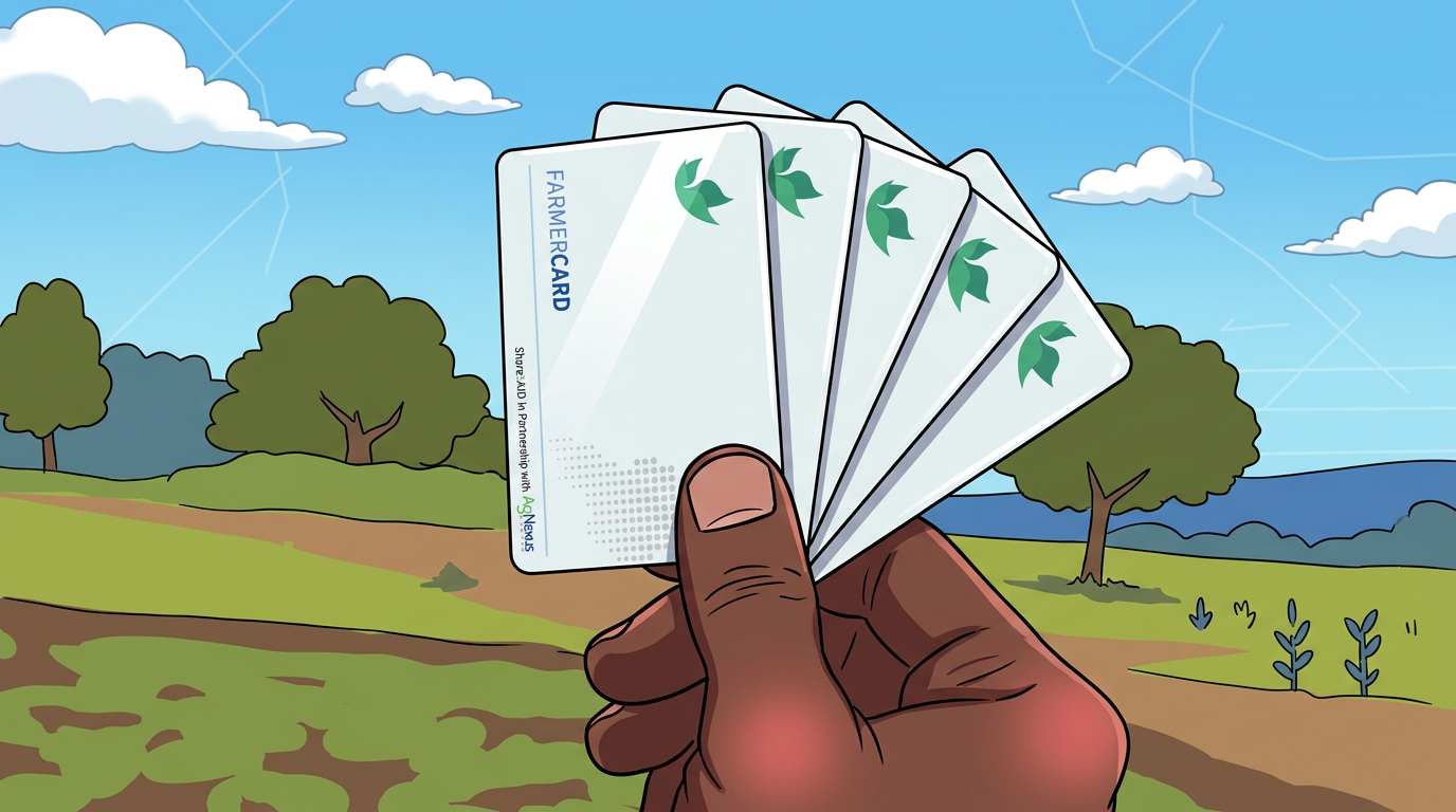 A fan of verified ShareCARD FarmerCARDs held up in a field