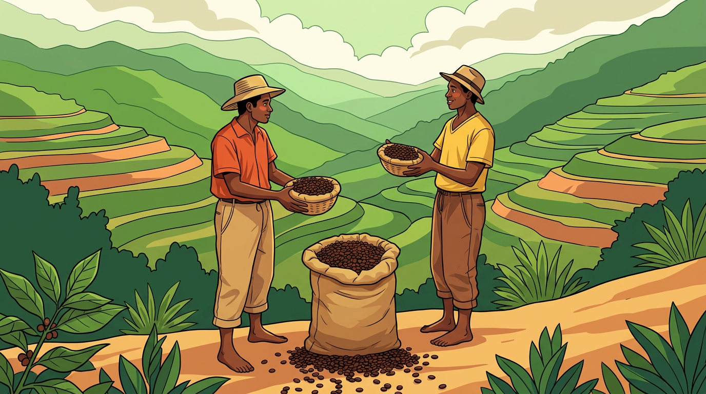 Two farmers inspecting harvested produce in the field, ready for market