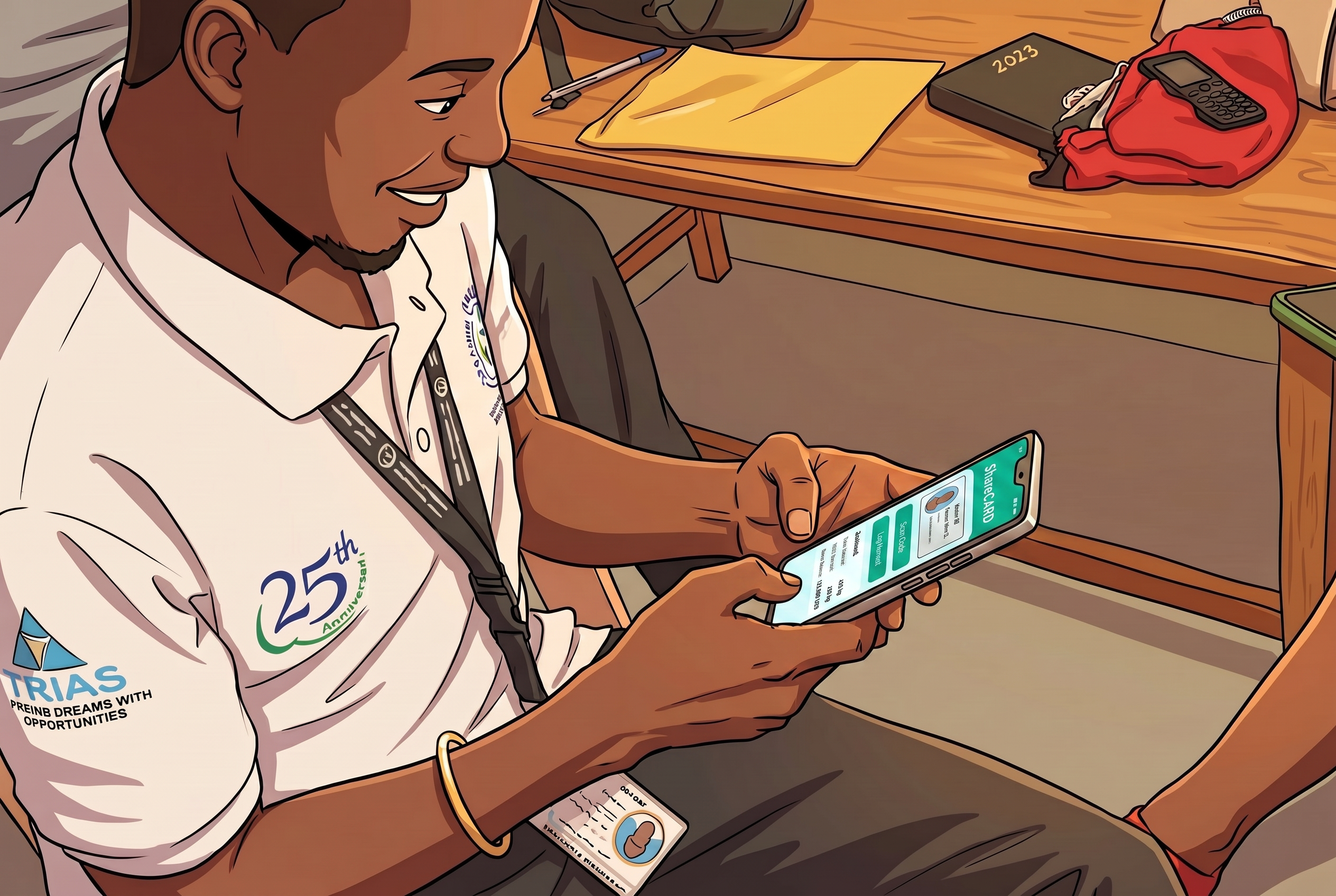 A MADFA field agent scanning a beneficiary's QR card in the ShareCARD app