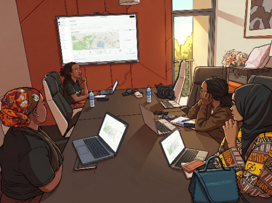 A consortium team reviewing the ShareCARD network overview and coverage map on screen