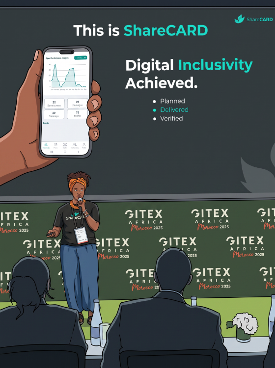 ShareCARD's female founder presenting on stage at GITEX Africa 2025